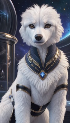 solo,looking at viewer,brown eyes,jewelry,yellow eyes,sky,collar,no humans,animal,brooch,gem,star (sky),starry sky,dog,space,animal focus,white fur,planet,pillar,earth (planet),blue gemstone,red gemstone,fluffy,necklace,night sky,realistic