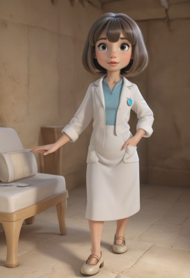 1girl,solo,looking at viewer,short hair,bangs,skirt,brown hair,shirt,long sleeves,brown eyes,standing,full body,shoes,collared shirt,indoors,high heels,lips,book,chair,table,white footwear,bob cut,white skirt,blue shirt,child,pocket,hand in pocket,labcoat,red lips,female child,blush,smile,parted lips,nail polish,shadow,brown footwear,thick eyebrows,couch,sleeves rolled up,wall