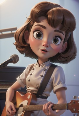 1girl,solo,looking at viewer,blush,smile,short hair,open mouth,bangs,brown hair,dress,holding,brown eyes,white shirt,upper body,short sleeves,parted lips,indoors,medium hair,blurry,lips,buttons,blurry background,thick eyebrows,suspenders,instrument,child,microphone,freckles,music,guitar,female child,playing instrument,holding instrument,electric guitar,microphone stand,teeth,eyelashes