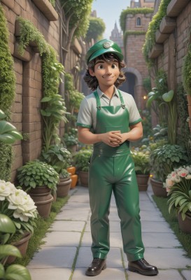 1girl,solo,looking at viewer,smile,short hair,open mouth,brown hair,shirt,black hair,hat,brown eyes,standing,full body,white shirt,flower,short sleeves,outdoors,sky,shoes,teeth,day,collared shirt,pants,black footwear,black eyes,own hands together,plant,white flower,building,green headwear,potted plant,overalls,employee uniform,flower pot,luigi,1boy,:d,male focus,apron,blue sky,cosplay,interlocked fingers,freckles,green pants,green apron