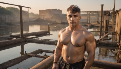 solo,looking at viewer,short hair,brown hair,black hair,1boy,navel,brown eyes,jewelry,nipples,male focus,outdoors,pants,water,stomach,bracelet,muscular,facial hair,abs,pectorals,muscular male,building,scenery,bara,reflection,large pectorals,topless male,watch,realistic,wristwatch,watercraft,bridge,chest hair,male swimwear,river,navel hair,boat,closed mouth,sky,day,black pants,sunset,undercut,arm hair