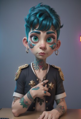 1girl,solo,looking at viewer,short hair,shirt,1boy,jewelry,closed mouth,green eyes,blue hair,jacket,upper body,short sleeves,male focus,earrings,green hair,open clothes,necklace,aqua eyes,lips,eyelashes,open shirt,aqua hair,tattoo,makeup,buttons,piercing,table,ring,aged down,lipstick,child,freckles,epaulettes,hoop earrings,unbuttoned,eyeliner,arm tattoo,facepaint,male child,badge,mascara,artist name,ear piercing,very short hair,facial tattoo