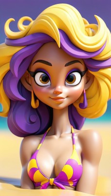 1girl,solo,long hair,breasts,looking at viewer,blush,smile,blonde hair,cleavage,bare shoulders,brown eyes,jewelry,medium breasts,closed mouth,collarbone,swimsuit,upper body,purple hair,bikini,multicolored hair,earrings,small breasts,outdoors,day,dark skin,two-tone hair,dark-skinned female,lips,eyelashes,makeup,ocean,beach,lipstick,tan,front-tie top,multicolored clothes,eyeshadow,multicolored bikini,sky,artist name,water,blurry,blue sky,blurry background,bikini top only,curly hair,pink lips,nose,front-tie bikini top,pink bikini,purple bikini,strap gap,eyeliner,mascara
