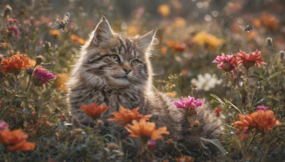 looking at viewer, flower, outdoors, blurry, no humans, depth of field, blurry background, animal, cat, bug, butterfly, realistic, animal focus