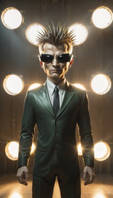 solo,looking at viewer,brown hair,shirt,long sleeves,1boy,closed mouth,standing,jacket,white shirt,male focus,cowboy shot,necktie,collared shirt,pants,indoors,glowing,black pants,formal,sunglasses,suit,spiked hair,black necktie,serious,realistic,arms at sides,light,light bulb,black hair,gloves