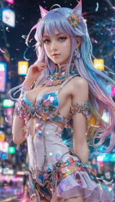 1girl,solo,long hair,breasts,looking at viewer,smile,bangs,blue eyes,hair ornament,animal ears,cleavage,bare shoulders,jewelry,medium breasts,closed mouth,blue hair,standing,flower,ahoge,multicolored hair,cowboy shot,earrings,outdoors,cat ears,hand up,hair flower,nail polish,blurry,bracelet,leotard,lips,fingernails,covered navel,gradient hair,depth of field,blurry background,gem,armlet,arm behind back,realistic,confetti,skirt,swimsuit,pink hair,artist name,signature,necklace,eyelashes,detached collar,night,fake animal ears,watermark,zipper,nose