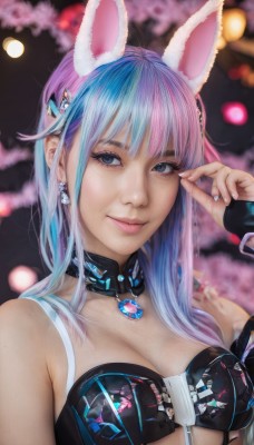 1girl,solo,long hair,breasts,looking at viewer,smile,bangs,blue eyes,hair ornament,animal ears,cleavage,bare shoulders,jewelry,medium breasts,closed mouth,underwear,blue hair,upper body,pink hair,multicolored hair,earrings,choker,nail polish,bra,rabbit ears,blurry,bracelet,two-tone hair,lips,fingernails,makeup,blurry background,pink nails,long fingernails,realistic,nose,gloves,black gloves,artist name,fingerless gloves,collar,grey eyes,eyelashes,gradient hair,detached collar,fake animal ears,gem