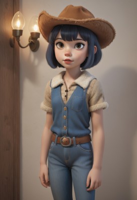 1girl,solo,looking at viewer,short hair,bangs,shirt,black hair,hat,brown eyes,standing,short sleeves,cowboy shot,parted lips,belt,pants,indoors,lips,fur trim,buttons,shadow,bob cut,denim,freckles,jeans,arms at sides,brown headwear,straw hat,brown belt,overalls,brown shirt,cowboy hat,blue hair,vest,realistic,red lips,candle