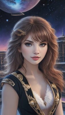 1girl,solo,long hair,breasts,looking at viewer,smile,blue eyes,brown hair,hair ornament,cleavage,closed mouth,collarbone,upper body,small breasts,sky,sleeveless,lips,grey eyes,eyelashes,makeup,night,lipstick,star (sky),night sky,starry sky,freckles,realistic,nose,red lips,space,planet,earth (planet),bangs,dress,parted lips,artist name,watermark,building