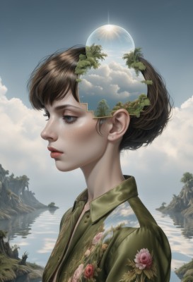 1girl,solo,short hair,bangs,blue eyes,brown hair,shirt,jewelry,upper body,flower,earrings,outdoors,parted lips,sky,day,collared shirt,artist name,cloud,signature,water,from side,tree,blue sky,lips,eyelashes,profile,floral print,cloudy sky,freckles,reflection,mountain,realistic,nose,green shirt,sun,stud earrings,planet,black hair,makeup,moon,sunlight,star (sky),nature,scenery,landscape