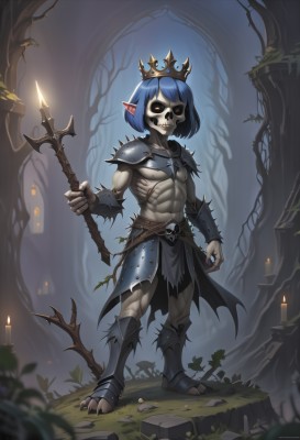 solo,looking at viewer,smile,short hair,1boy,holding,blue hair,standing,full body,yellow eyes,weapon,male focus,outdoors,teeth,pointy ears,artist name,holding weapon,armor,tree,muscular,night,glowing,abs,grass,crown,polearm,shoulder armor,nature,glowing eyes,spikes,forest,colored sclera,pauldrons,topless male,skull,spear,black sclera,candle,loincloth,nipples,watermark,fire,pectorals,black nails