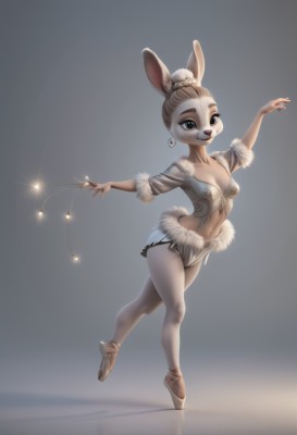 1girl,solo,breasts,looking at viewer,smile,blue eyes,navel,animal ears,cleavage,jewelry,medium breasts,standing,collarbone,tail,full body,pantyhose,earrings,small breasts,hair bun,rabbit ears,arm up,leotard,fur trim,happy,single hair bun,outstretched arms,rabbit tail,furry,white pantyhose,rabbit girl,furry female,wand,dancing,body fur,tiptoes,white fur,animal nose,brown fur,buck teeth,ballerina,ballet slippers,ballet,open mouth,skirt,simple background,hair ornament,holding,short sleeves,teeth,midriff,artist name,miniskirt,grey background,stomach,legs,sparkle,watermark,standing on one leg,reflection,hoop earrings