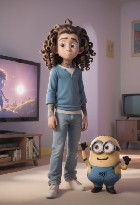 1girl,long hair,looking at viewer,smile,brown hair,shirt,1boy,brown eyes,jewelry,standing,full body,shoes,pants,indoors,dark skin,dark-skinned female,book,tattoo,drill hair,white footwear,blue shirt,denim,goggles,child,curly hair,jeans,female child,overalls,arm tattoo,television,shelf,dreadlocks,blue overalls,open mouth,gloves,closed mouth,male focus,multiple boys,glasses,teeth,black gloves,artist name,2boys,arm up,shadow,brown footwear,sneakers,bookshelf