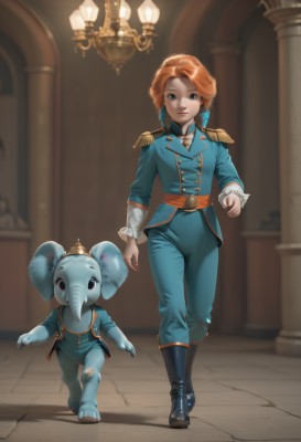 1girl,looking at viewer,smile,blue eyes,brown hair,long sleeves,closed mouth,standing,jacket,full body,multicolored hair,boots,belt,pants,artist name,indoors,black footwear,orange hair,blurry,uniform,lips,military,military uniform,blurry background,drill hair,walking,epaulettes,blue pants,mouse,aiguillette,medal,hallway,solo,short hair,shirt,jewelry,red hair,earrings,torn clothes,buttons,shadow,watermark,blue jacket,freckles,double-breasted