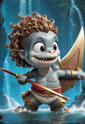 solo,smile,open mouth,brown hair,red eyes,1boy,holding,brown eyes,jewelry,standing,full body,weapon,male focus,outdoors,teeth,pointy ears,sword,artist name,water,chibi,holding weapon,no humans,colored skin,holding sword,sharp teeth,curly hair,shield,waterfall,goblin,1girl,armor,polearm,spear,grey skin,mohawk