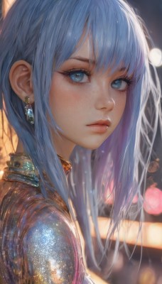 1girl,solo,long hair,looking at viewer,bangs,blue eyes,jewelry,closed mouth,blue hair,upper body,earrings,artist name,blurry,from side,lips,eyelashes,depth of field,blurry background,portrait,freckles,realistic,nose,bokeh,sidelocks,looking to the side,makeup,expressionless,gem,close-up