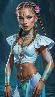 1girl,solo,long hair,breasts,looking at viewer,blue eyes,skirt,brown hair,shirt,black hair,hair ornament,navel,jewelry,closed mouth,standing,braid,flower,cowboy shot,earrings,small breasts,outdoors,sleeveless,midriff,artist name,hair flower,dark skin,water,necklace,stomach,nail polish,blurry,twin braids,bracelet,dark-skinned female,lips,crop top,fingernails,wet,tattoo,makeup,blurry background,facial mark,blue shirt,lipstick,gem,forehead,pink flower,pink nails,wading,pendant,eyeshadow,realistic,nose,red lips,eyeliner,facepaint,neck ring,forehead jewel,bodypaint,blue gemstone,mascara,dreadlocks,multiple braids,medium breasts,pink lips,arms at sides