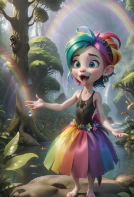 1girl,solo,smile,short hair,open mouth,blue eyes,skirt,blonde hair,hair ornament,dress,bare shoulders,jewelry,blue hair,standing,collarbone,full body,pink hair,purple hair,flower,multicolored hair,earrings,outdoors,green hair,barefoot,teeth,sleeveless,solo focus,day,tongue,artist name,tongue out,water,necklace,nail polish,flat chest,two-tone hair,tree,bare arms,aqua hair,leaf,upper teeth only,watermark,piercing,sunlight,tank top,grass,aged down,plant,gem,child,nature,multicolored clothes,:p,forest,toenails,female child,rainbow,colorful,pond,rainbow hair,hair flower,feathers,furry,furry female,forked tongue
