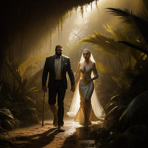 a king and queen walking down a muddy jungle path